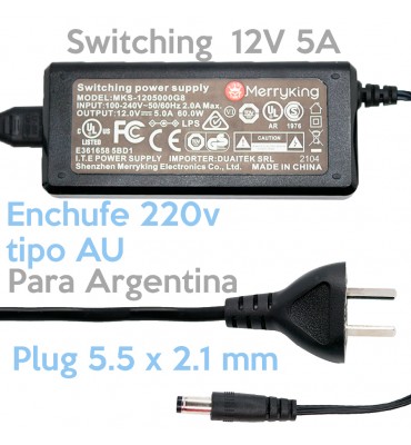Fuente 12V 5A Merryking plug 5.5 x 2.1 mm Conector AU